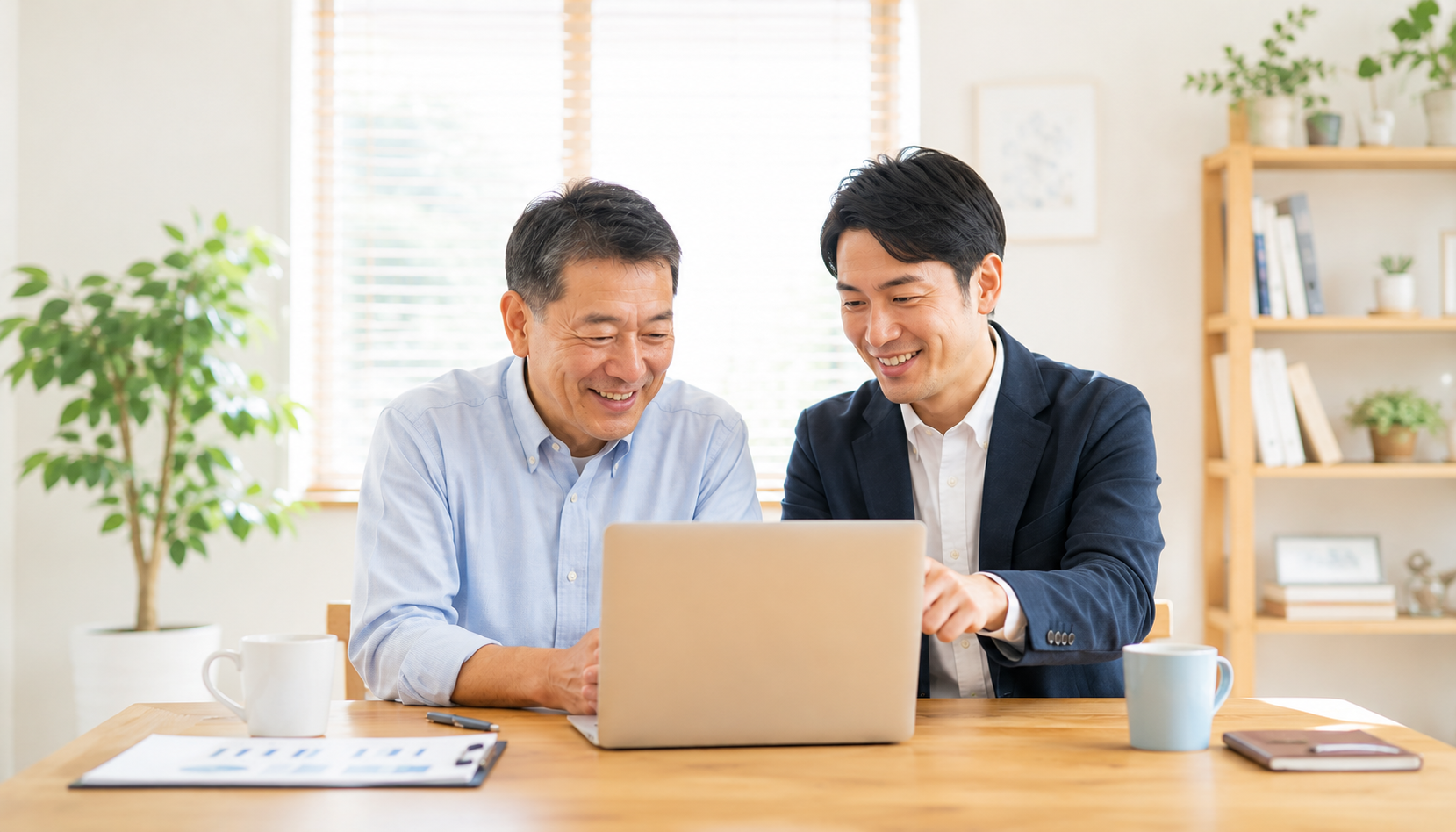 ノートパソコンを見ながら相談する二人のビジネスパーソン