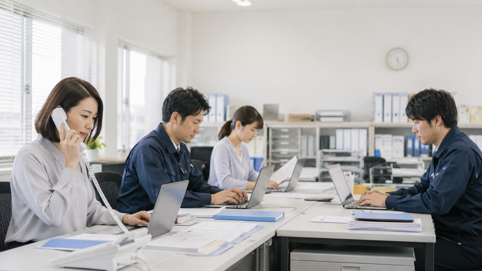 オフィスで問い合わせ対応と集計作業を行う管理部門スタッフ
