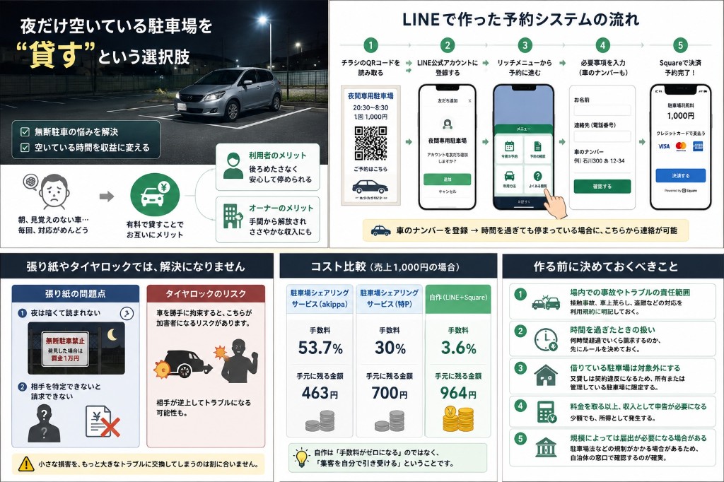 夜だけ空いている駐車場を貸す選択肢と、LINEで作った予約システムの流れ、張り紙・タイヤロックの問題、コスト比較、作る前に決めておくこと