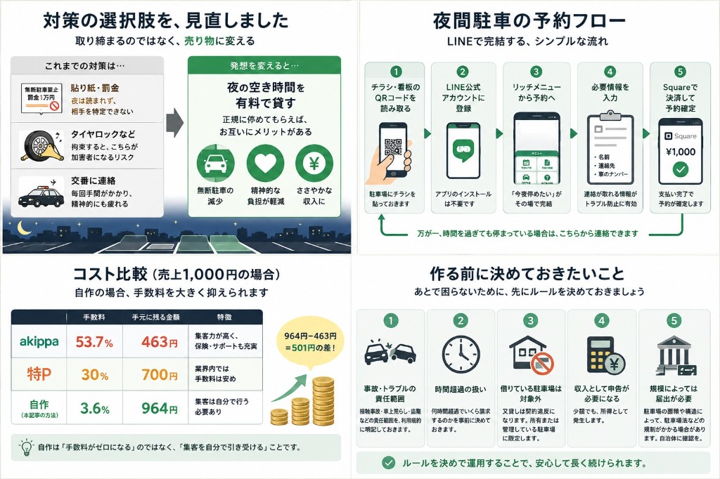 対策の選択肢の見直し、夜間駐車の予約フロー、売上1,000円のコスト比較、作る前に決めておきたい5つのこと