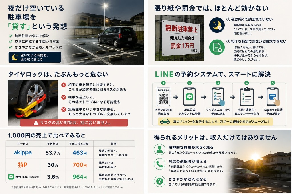 夜だけ空いている駐車場を貸すという発想、張り紙やタイヤロックのリスク、LINE予約の流れ、コスト比較と得られるメリット